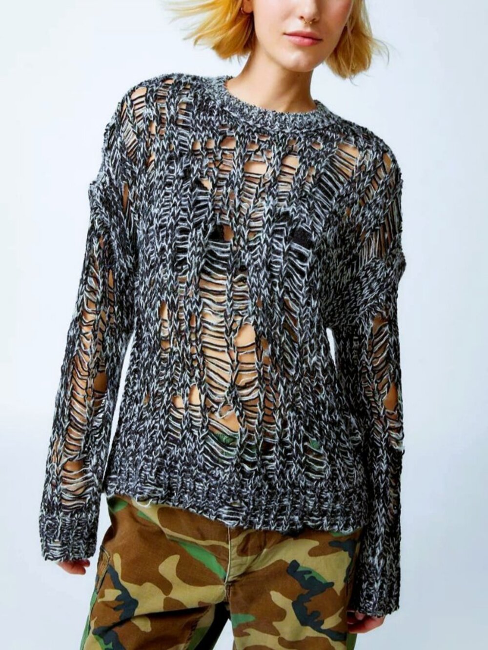 Urban Outfitters Black & White Open-Knit Crewneck Sweater